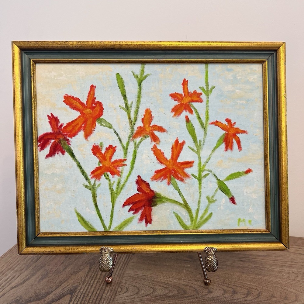 Vintage Original Floral Oil Painting – Signed & Framed – Mid Century Style 80s